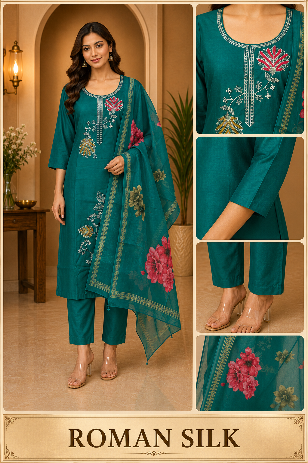 Teal ROMAN SILK Embroidered 3-Piece Ethnic Suit Set