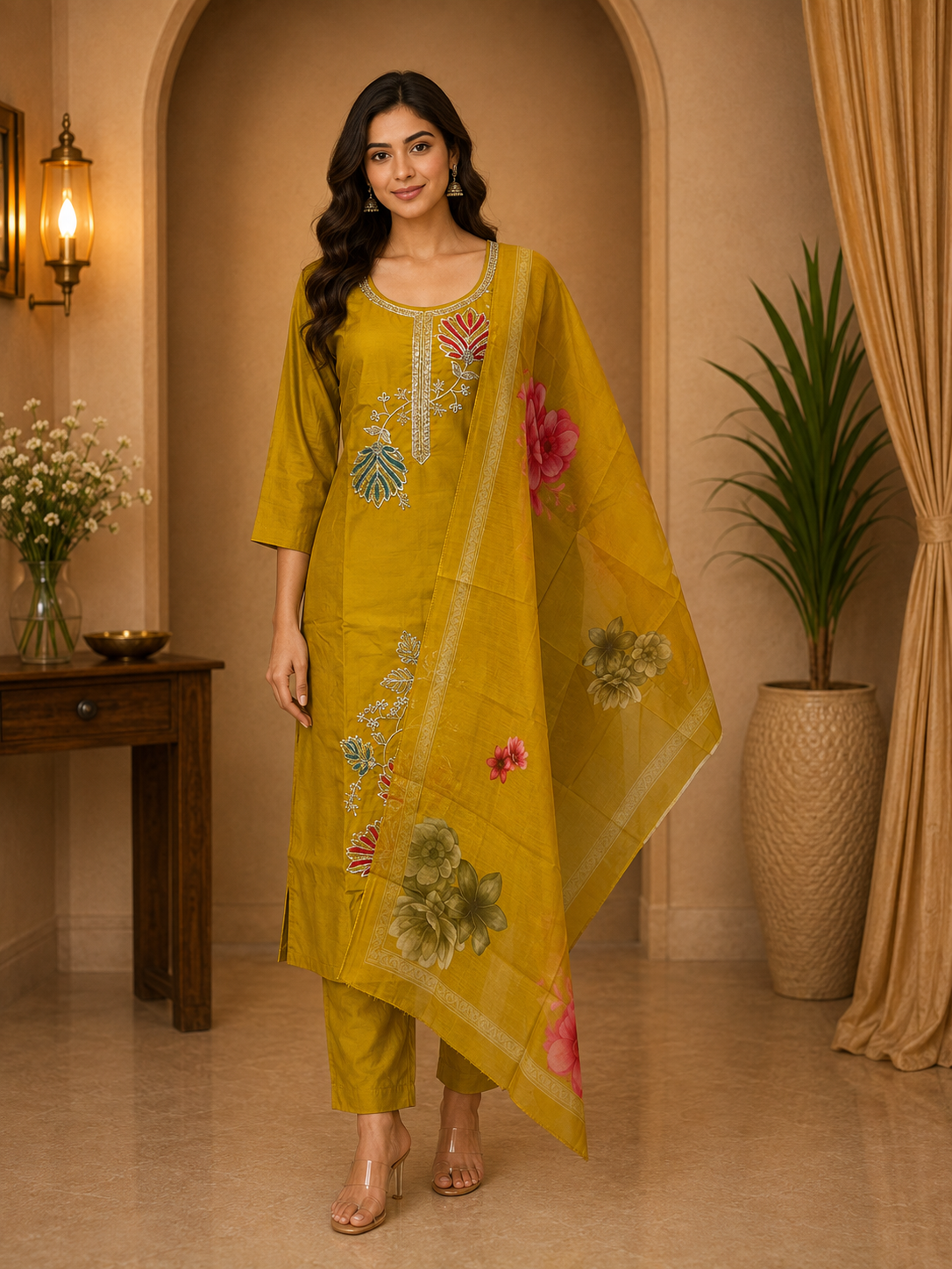 Mustard Yellow ROMAN SILK Embroidered 3-Piece Ethnic Suit