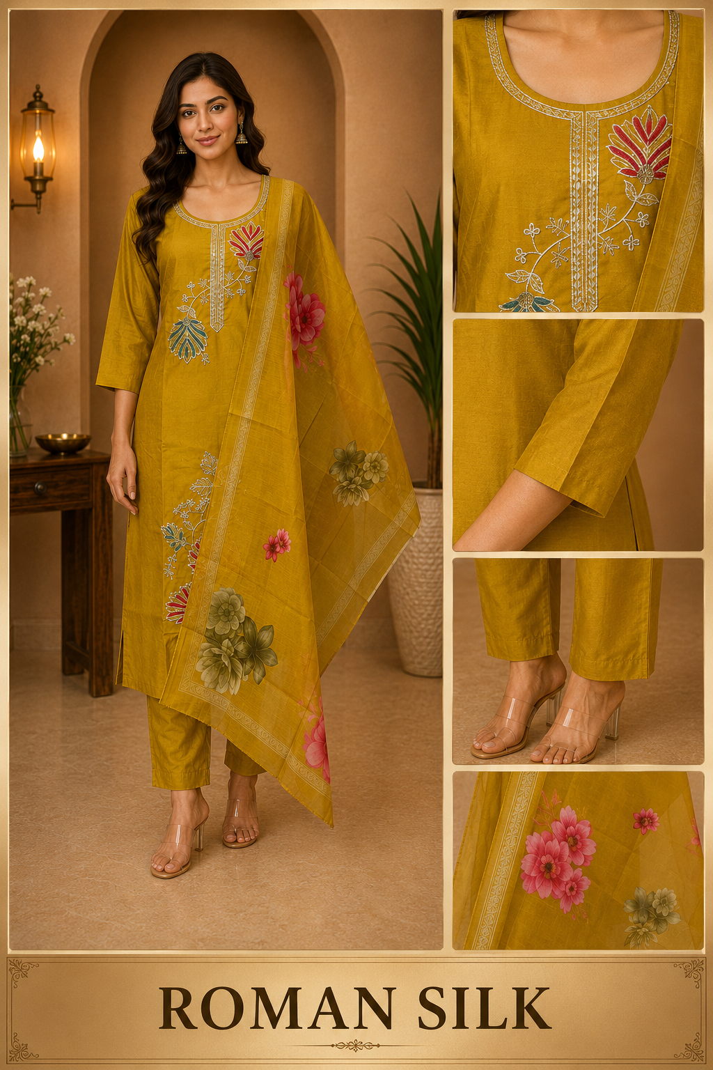 Mustard Yellow ROMAN SILK Embroidered 3-Piece Ethnic Suit