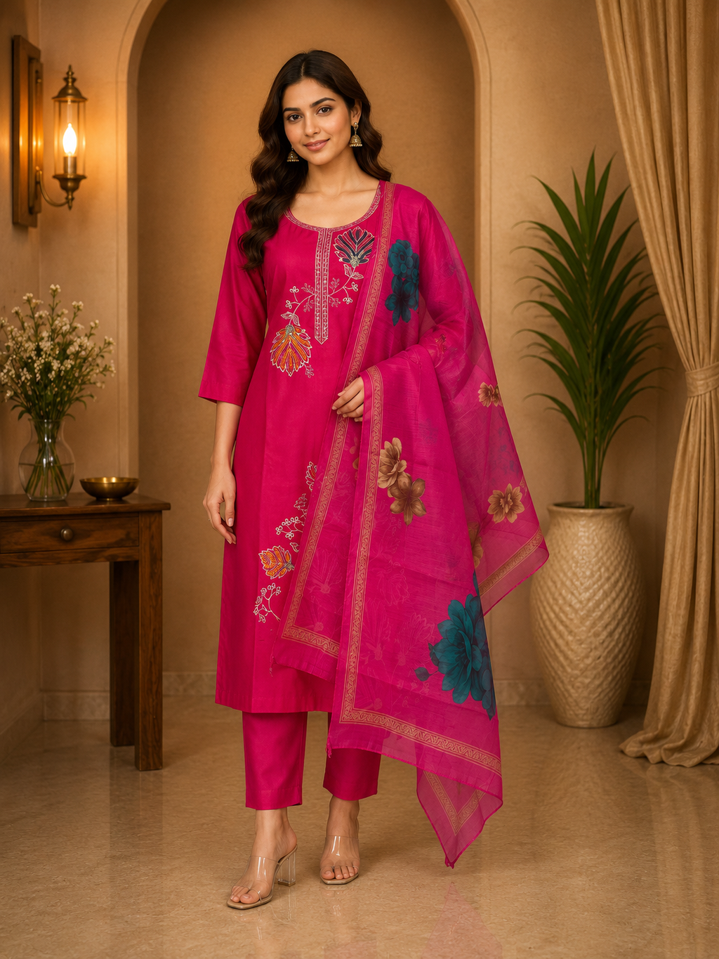 Fuchsia Pink ROMAN SILK Embroidered 3-Piece Ethnic Suit Set
