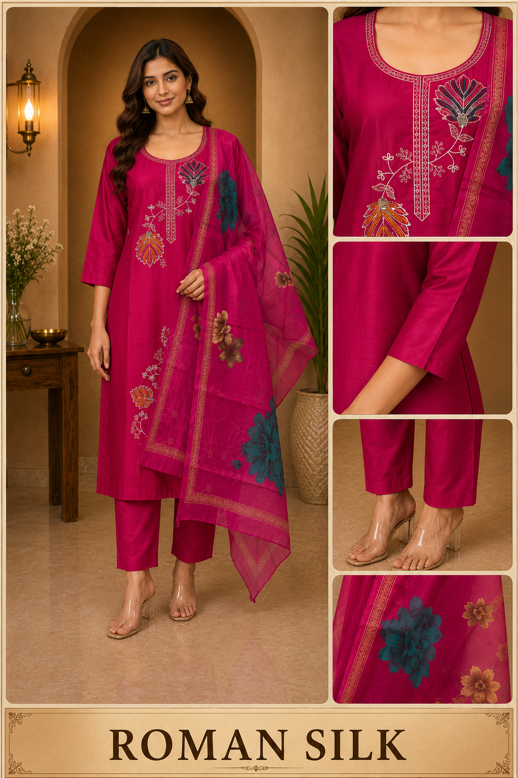 Fuchsia Pink ROMAN SILK Embroidered 3-Piece Ethnic Suit Set