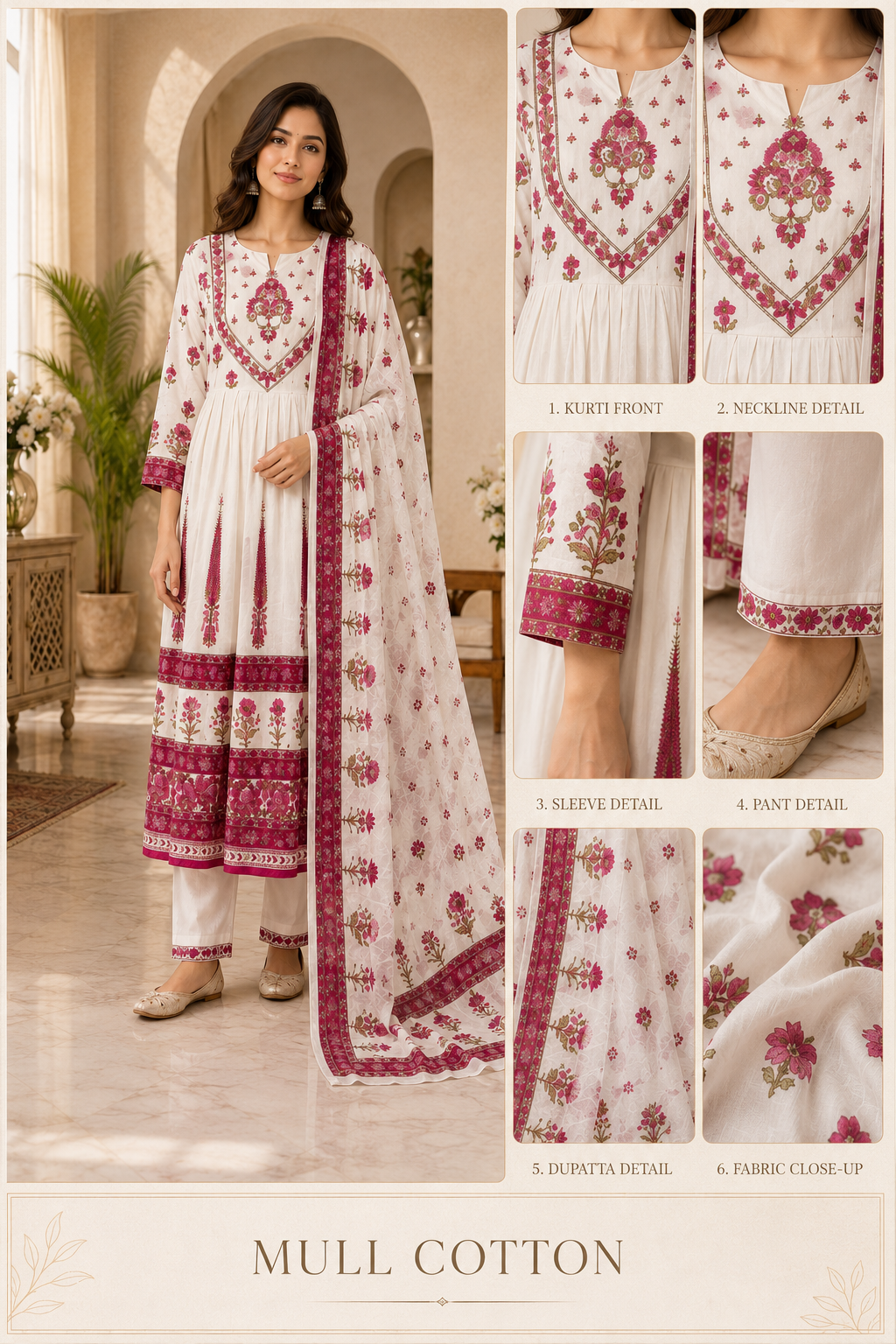 White Mull Cotton Round Kurti 3-Piece Set with Pant & Dupatta