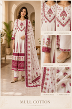 White Mull Cotton Round Kurti 3-Piece Set with Pant & Dupatta