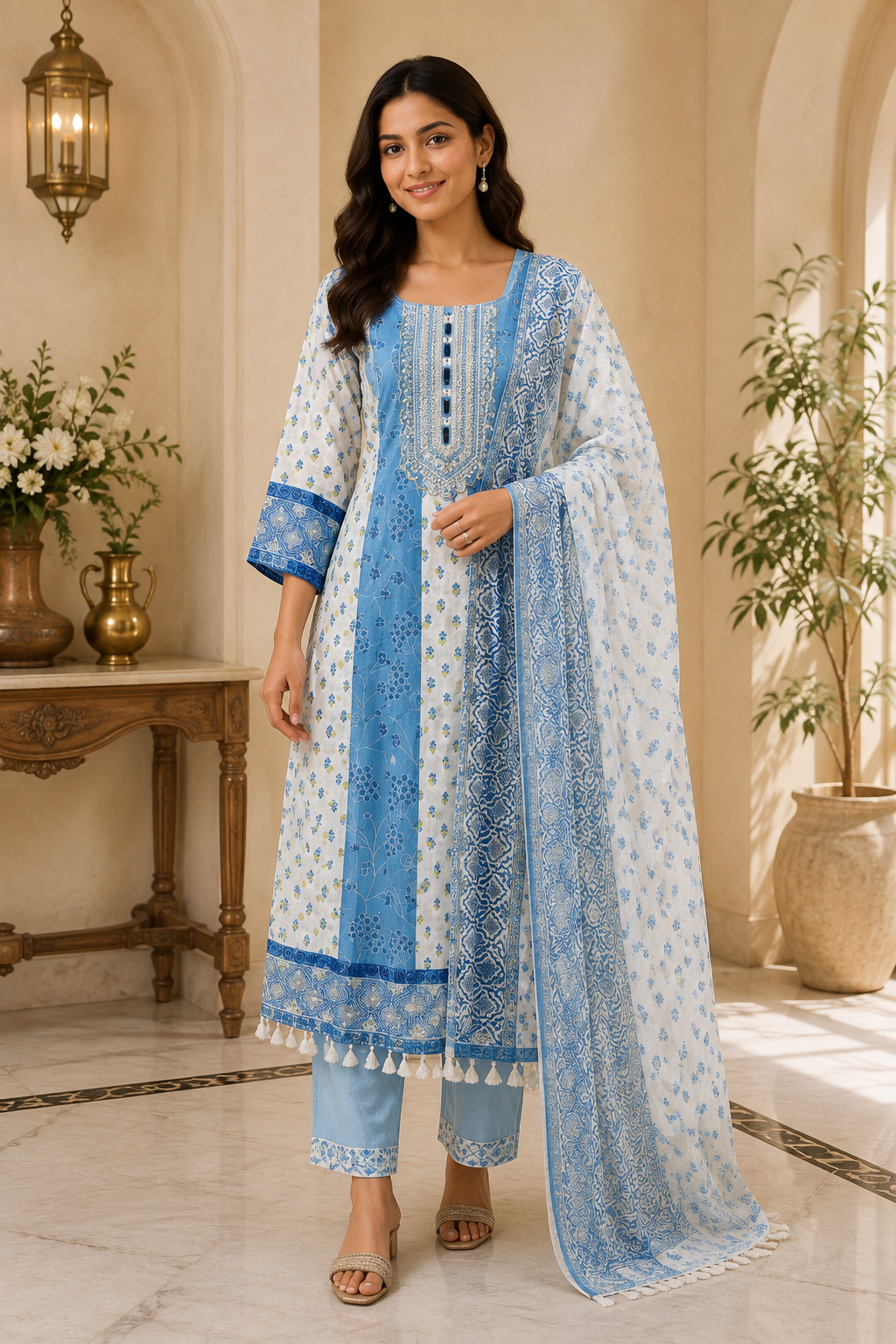 Ivory Blue Mull Cotton Round Kurti 3-Piece Set with Pant &amp; Dupatta
