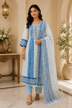 Ivory Blue Mull Cotton Round Kurti 3-Piece Set with Pant &amp; Dupatta