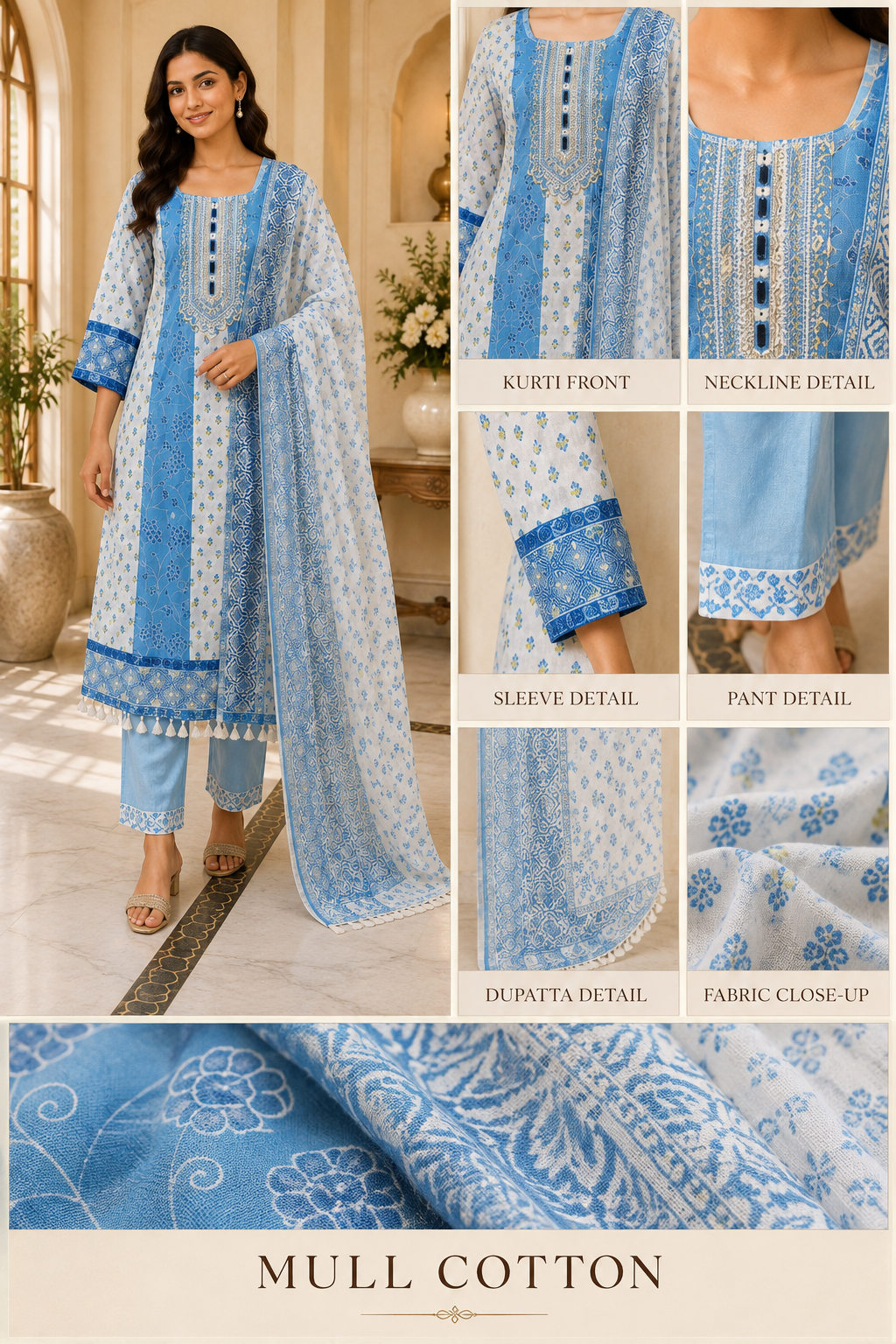 Ivory Blue Mull Cotton Round Kurti 3-Piece Set with Pant &amp; Dupatta