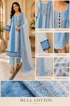 Ivory Blue Mull Cotton Round Kurti 3-Piece Set with Pant &amp; Dupatta