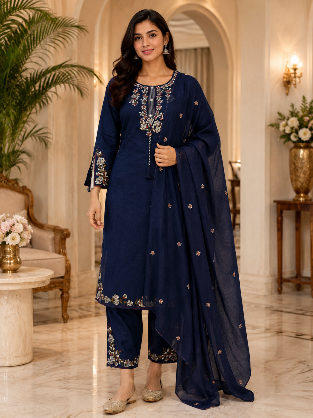 Navy Blue Mull Cotton A-Line Kurti 3-Piece Set with Pant & Dupatta