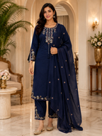 Navy Blue Mull Cotton A-Line Kurti 3-Piece Set with Pant & Dupatta