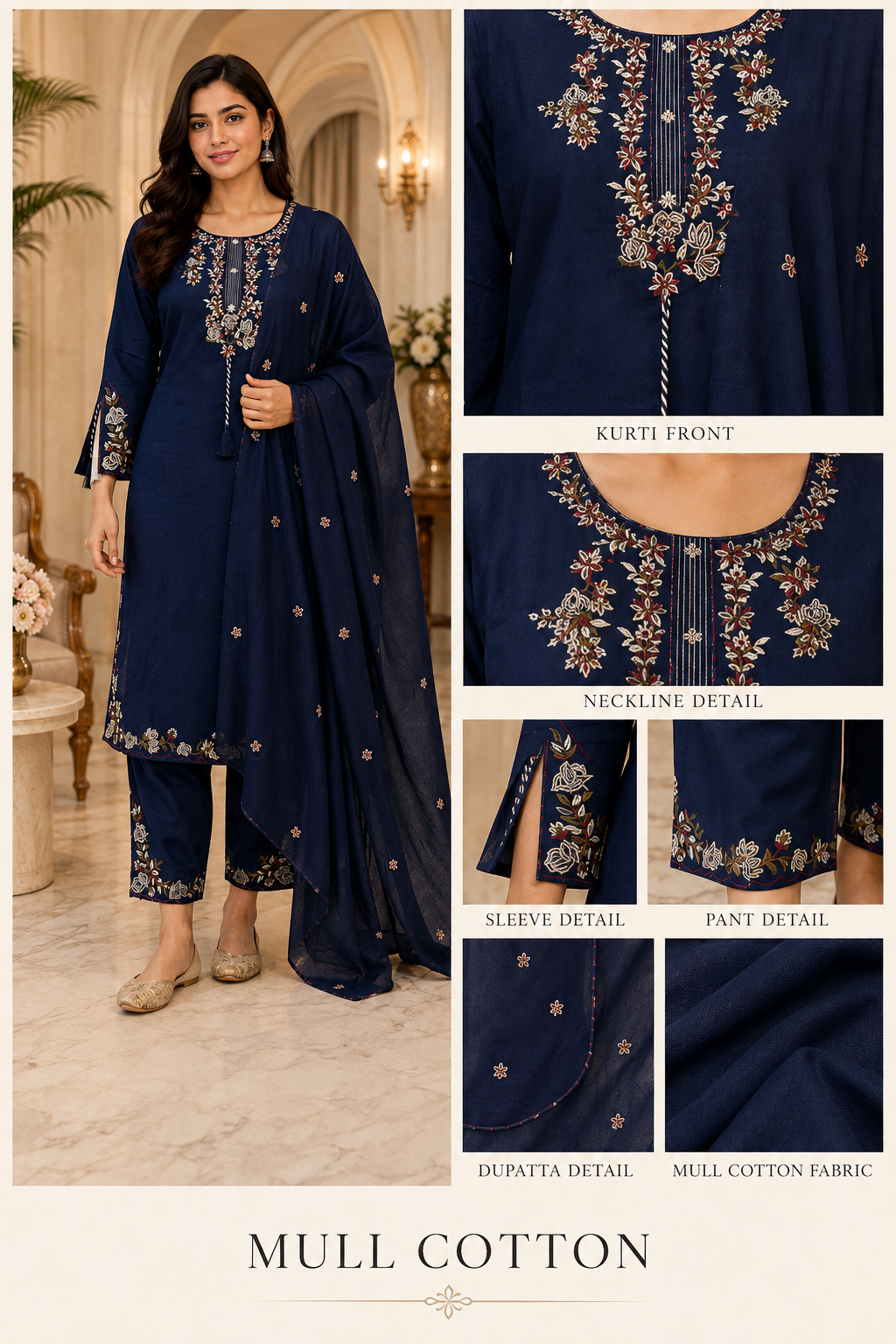 Navy Blue Mull Cotton A-Line Kurti 3-Piece Set with Pant & Dupatta