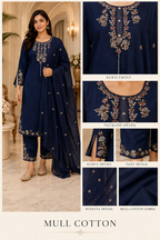 Navy Blue Mull Cotton A-Line Kurti 3-Piece Set with Pant & Dupatta