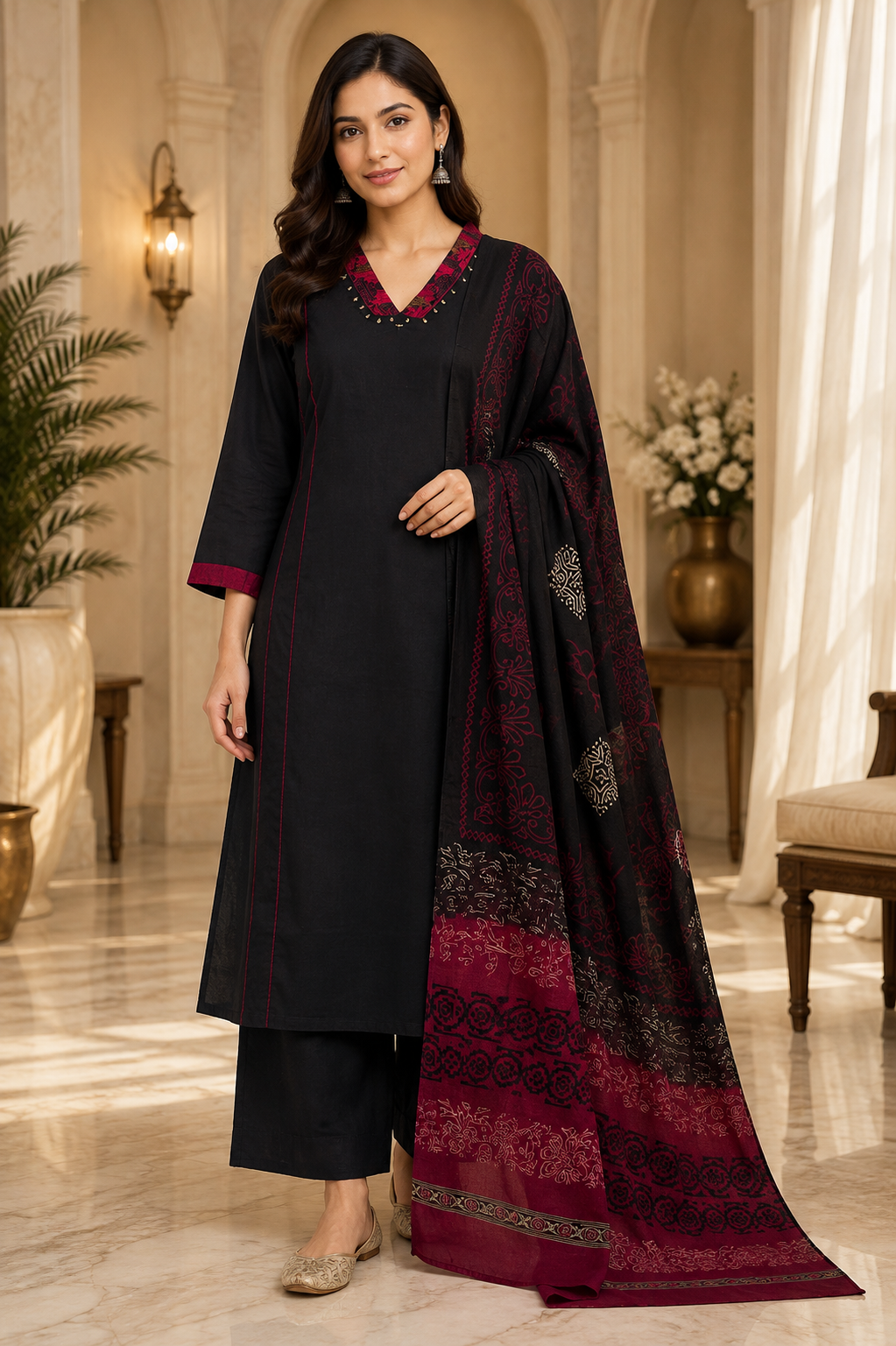 Black Mull Cotton Round Kurti 3-Piece Set with Pant & Dupatta