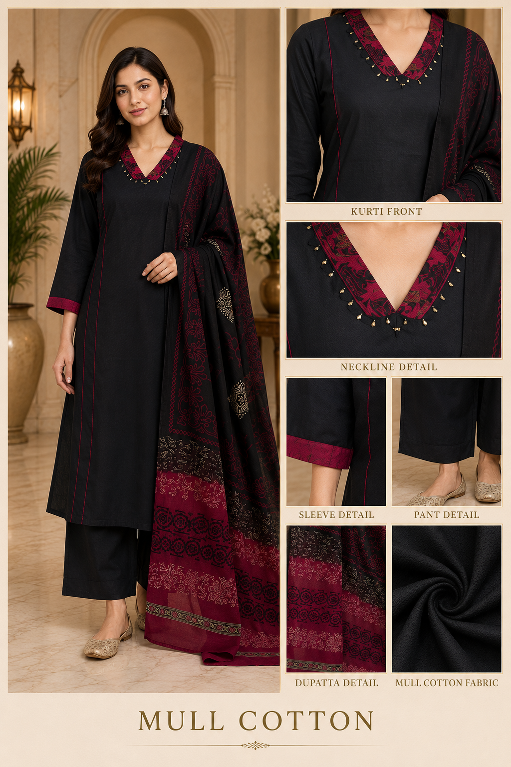 Black Mull Cotton Round Kurti 3-Piece Set with Pant & Dupatta