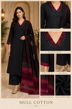 Black Mull Cotton Round Kurti 3-Piece Set with Pant & Dupatta