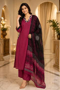 Wine Mull Cotton Straight Kurti 3-Piece Set with Pant & Dupatta