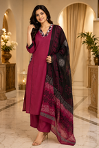 Wine Mull Cotton Straight Kurti 3-Piece Set with Pant & Dupatta