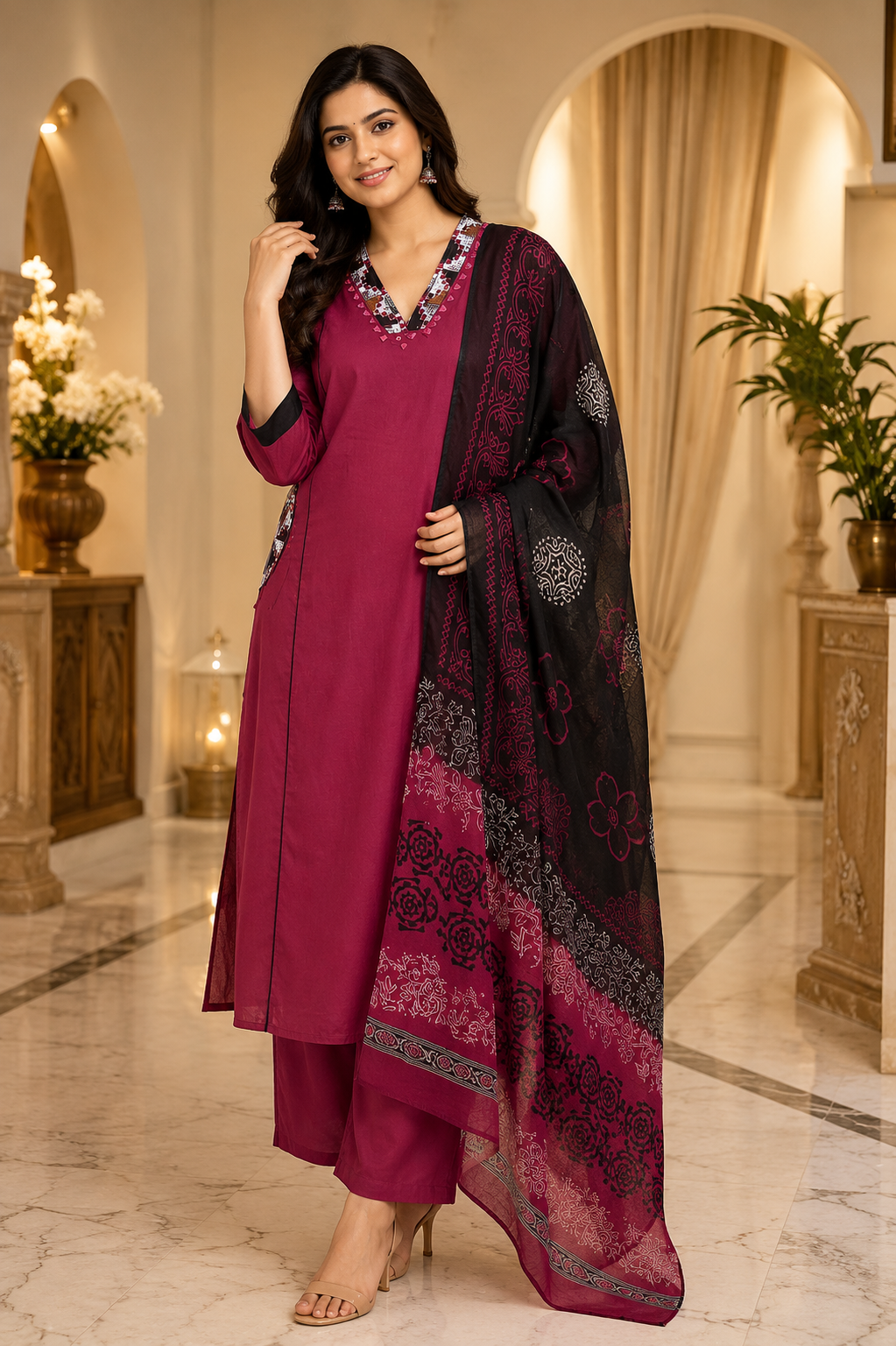Wine Mull Cotton Straight Kurti 3-Piece Set with Pant & Dupatta