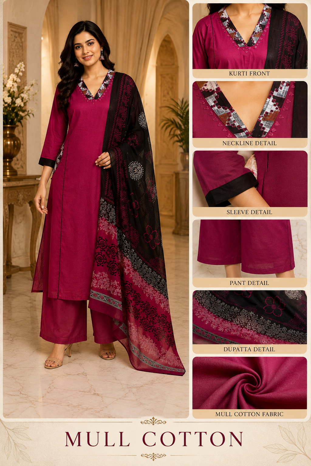 Wine Mull Cotton Straight Kurti 3-Piece Set with Pant & Dupatta