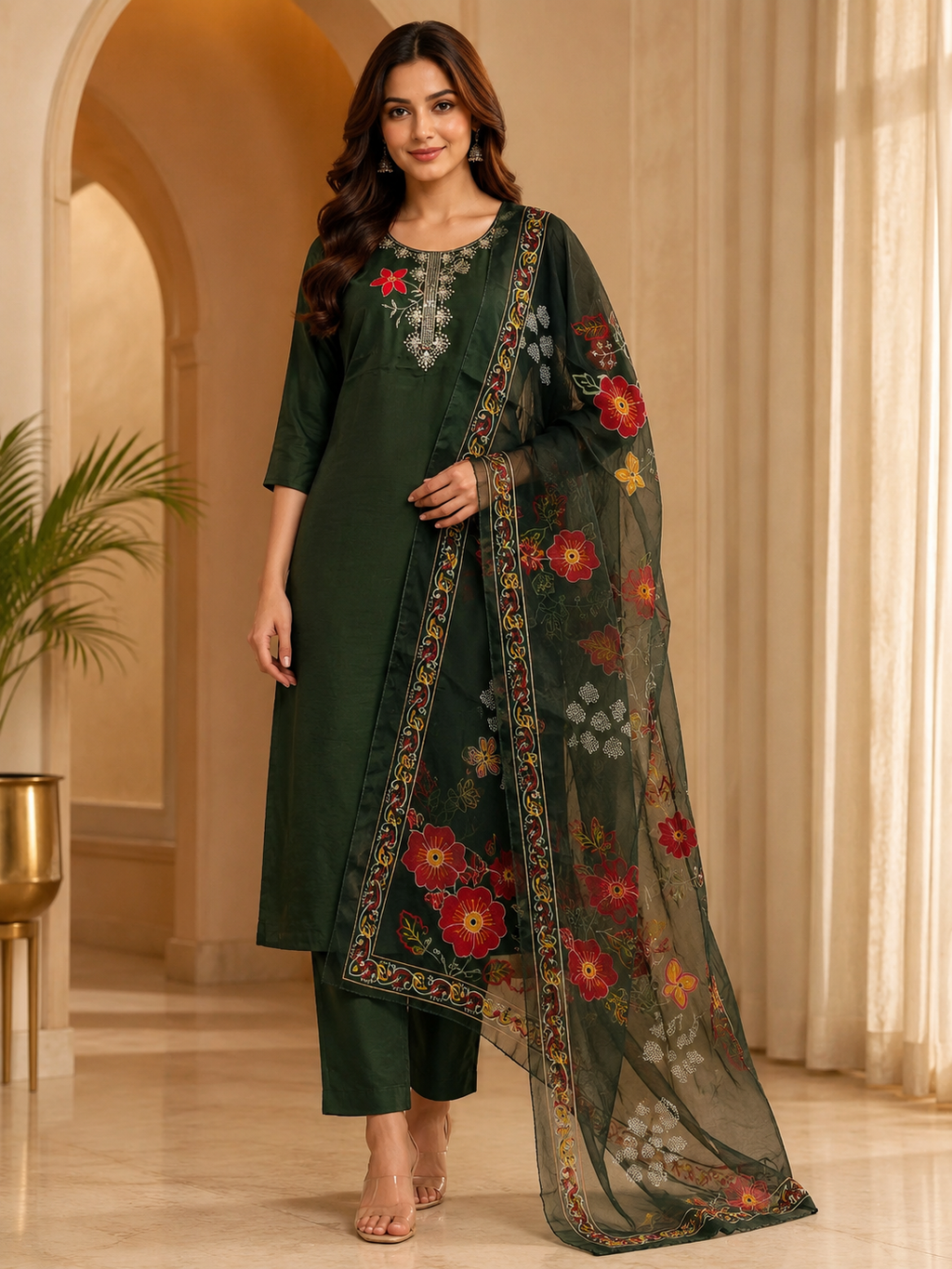 Deep Green ROMAN SILK 3-Piece Ethnic Suit with ORGANZA DUPATTA