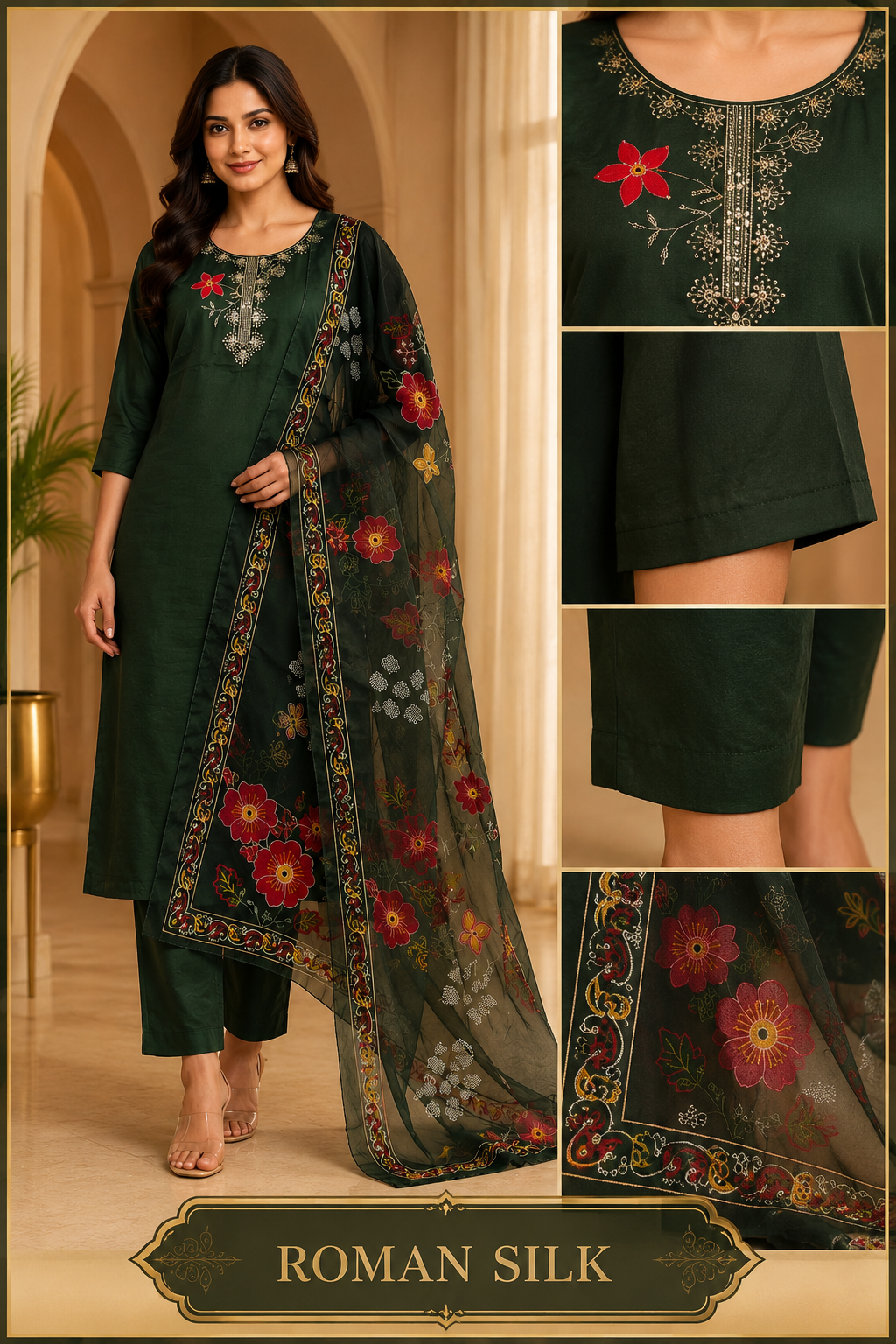 Deep Green ROMAN SILK 3-Piece Ethnic Suit with ORGANZA DUPATTA