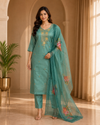 Teal Green ROMAN SILK Embroidered Suit with ORGANZA DUPATTA