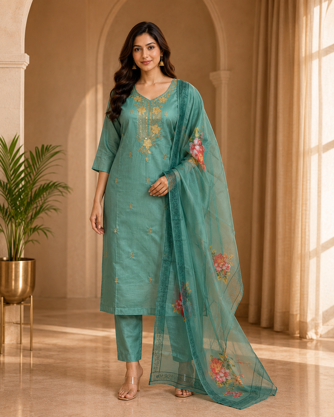 Teal Green ROMAN SILK Embroidered Suit with ORGANZA DUPATTA
