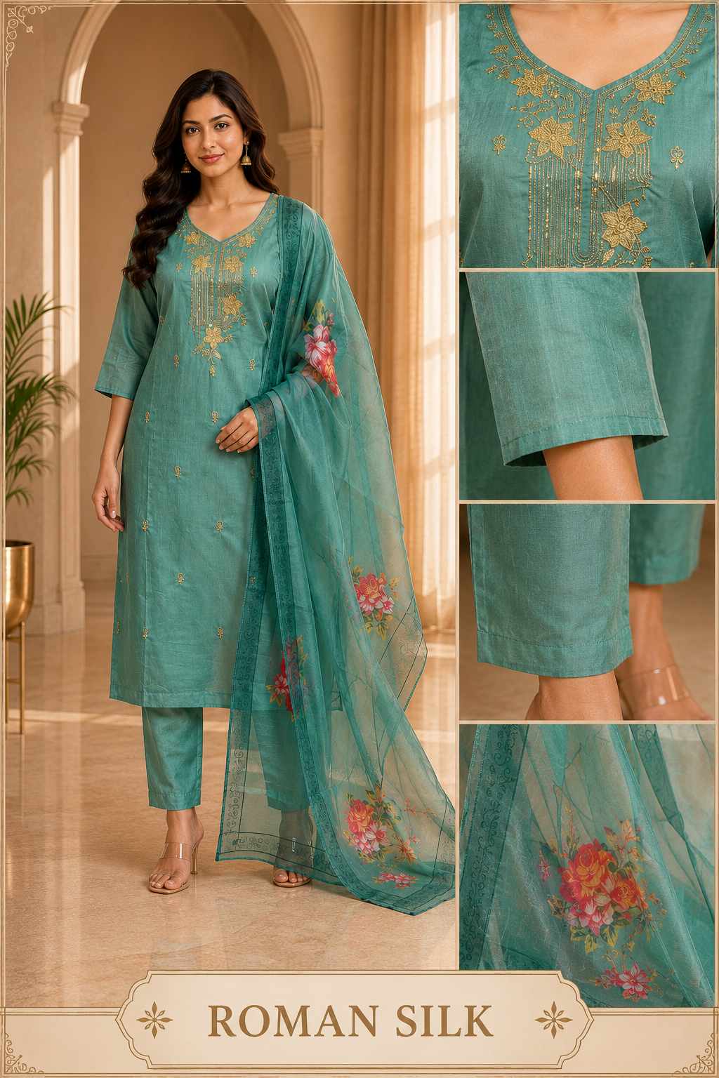 Teal Green ROMAN SILK Embroidered Suit with ORGANZA DUPATTA