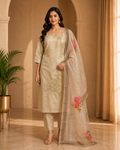 Champagne Beige ROMAN SILK 3-Piece Suit with ORGANZA DUPATTA
