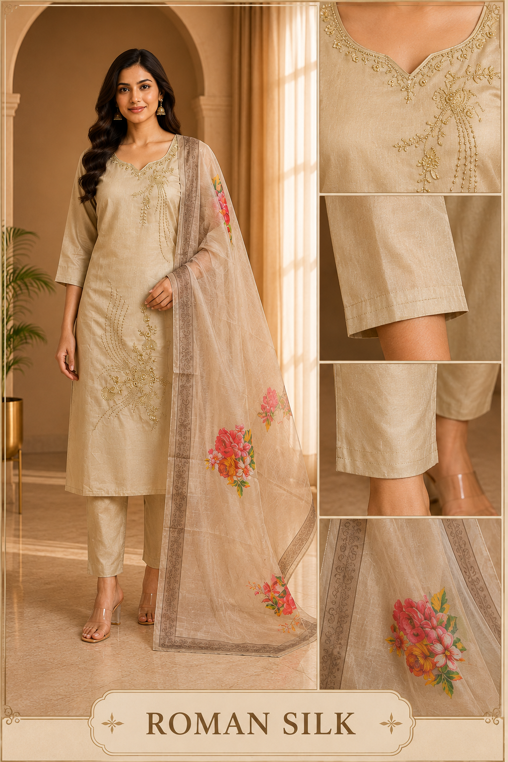 Champagne Beige ROMAN SILK 3-Piece Suit with ORGANZA DUPATTA