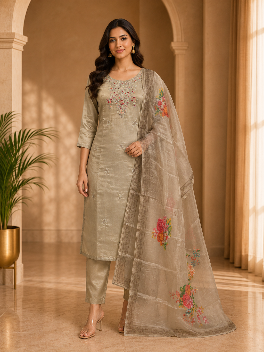 Beige ROMAN SILK 3-Piece Suit with ORGANZA DUPATTA