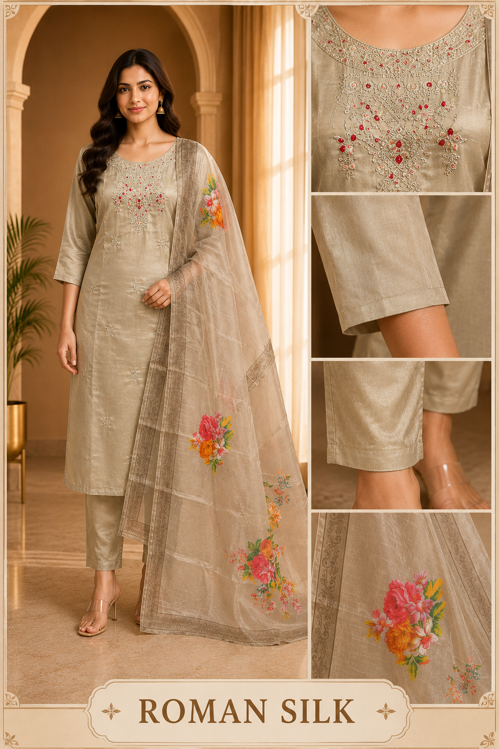 Beige ROMAN SILK 3-Piece Suit with ORGANZA DUPATTA