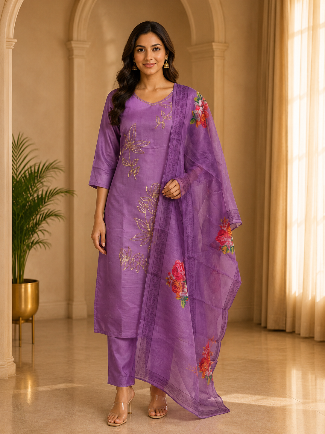 Lavender Purple ROMAN SILK Embroidered Kurti Pant Set with ORGANZA DUPATTA
