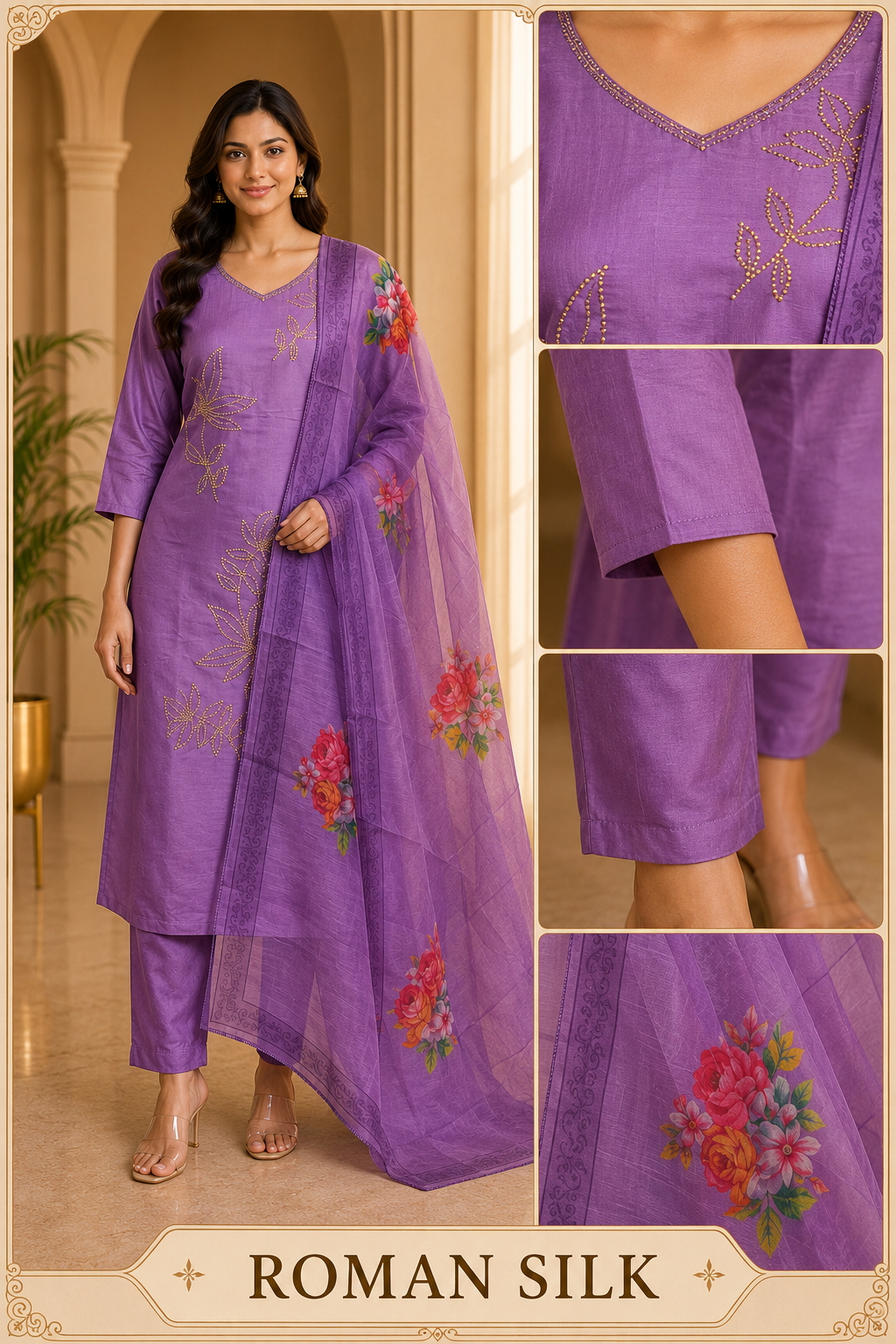 Lavender Purple ROMAN SILK Embroidered Kurti Pant Set with ORGANZA DUPATTA