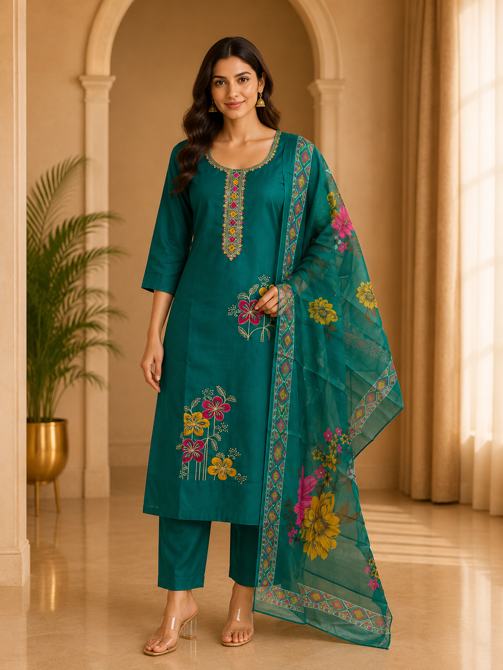 Teal Green ROMAN SILK 3-Piece Suit with ORGANZA DUPATTA