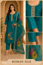 Teal Green ROMAN SILK 3-Piece Suit with ORGANZA DUPATTA