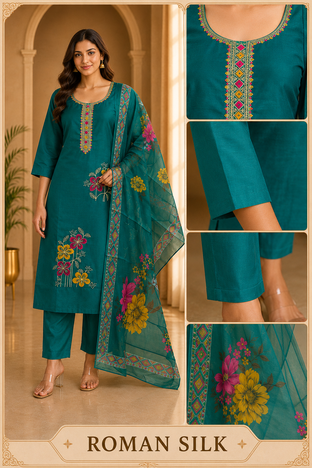 Teal Green ROMAN SILK 3-Piece Suit with ORGANZA DUPATTA