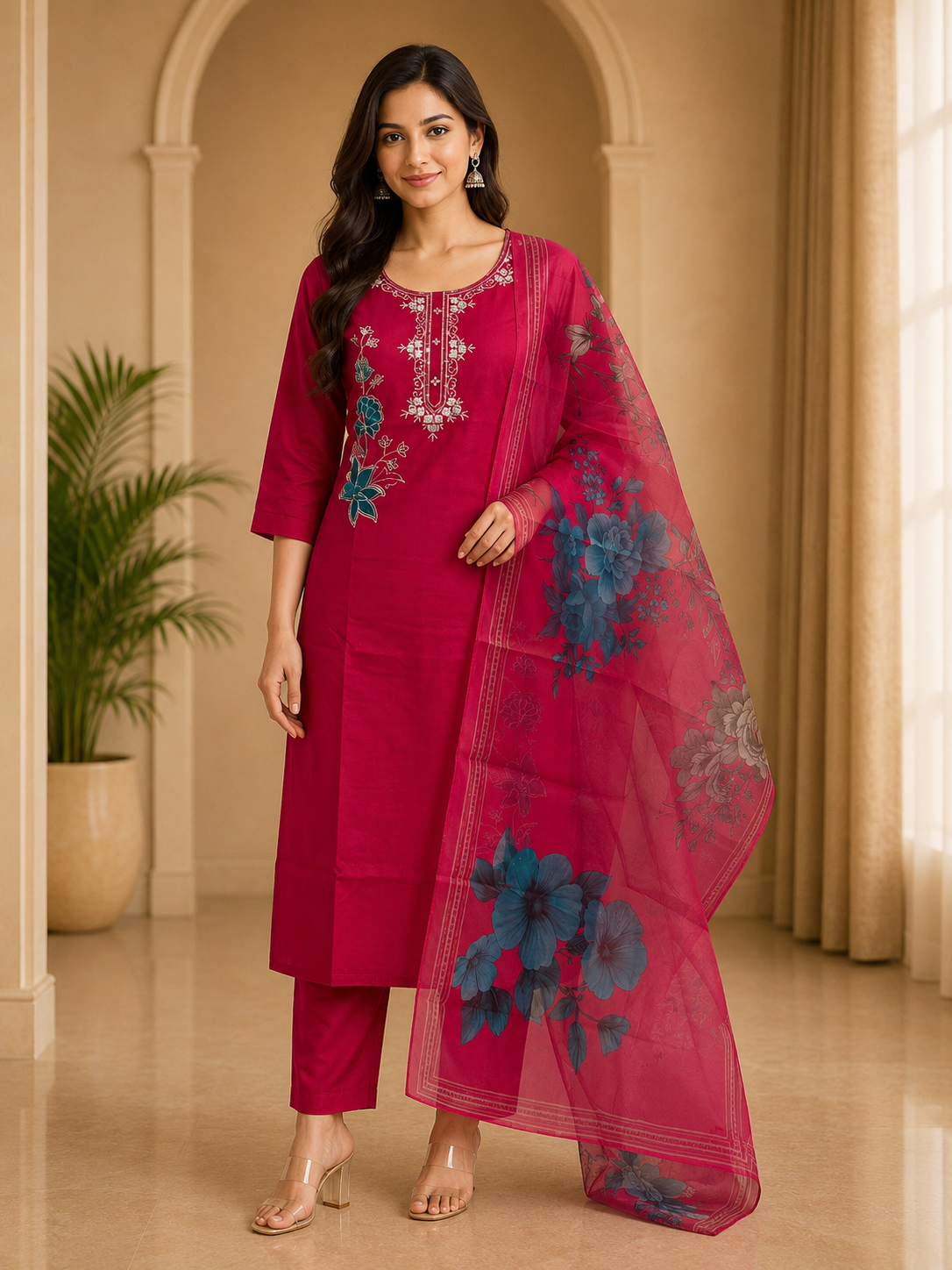 Fuchsia Pink ROMAN SILK Suit Set with Floral ORGANZA DUPATTA