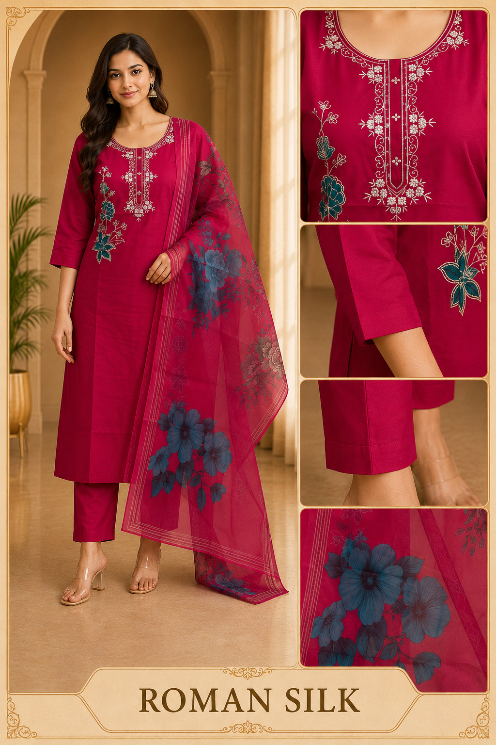 Fuchsia Pink ROMAN SILK Suit Set with Floral ORGANZA DUPATTA