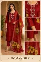 Deep Red ROMAN SILK 3-Piece Suit with ORGANZA DUPATTA