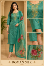 Teal Green ROMAN SILK 3-Piece Suit with ORGANZA DUPATTA