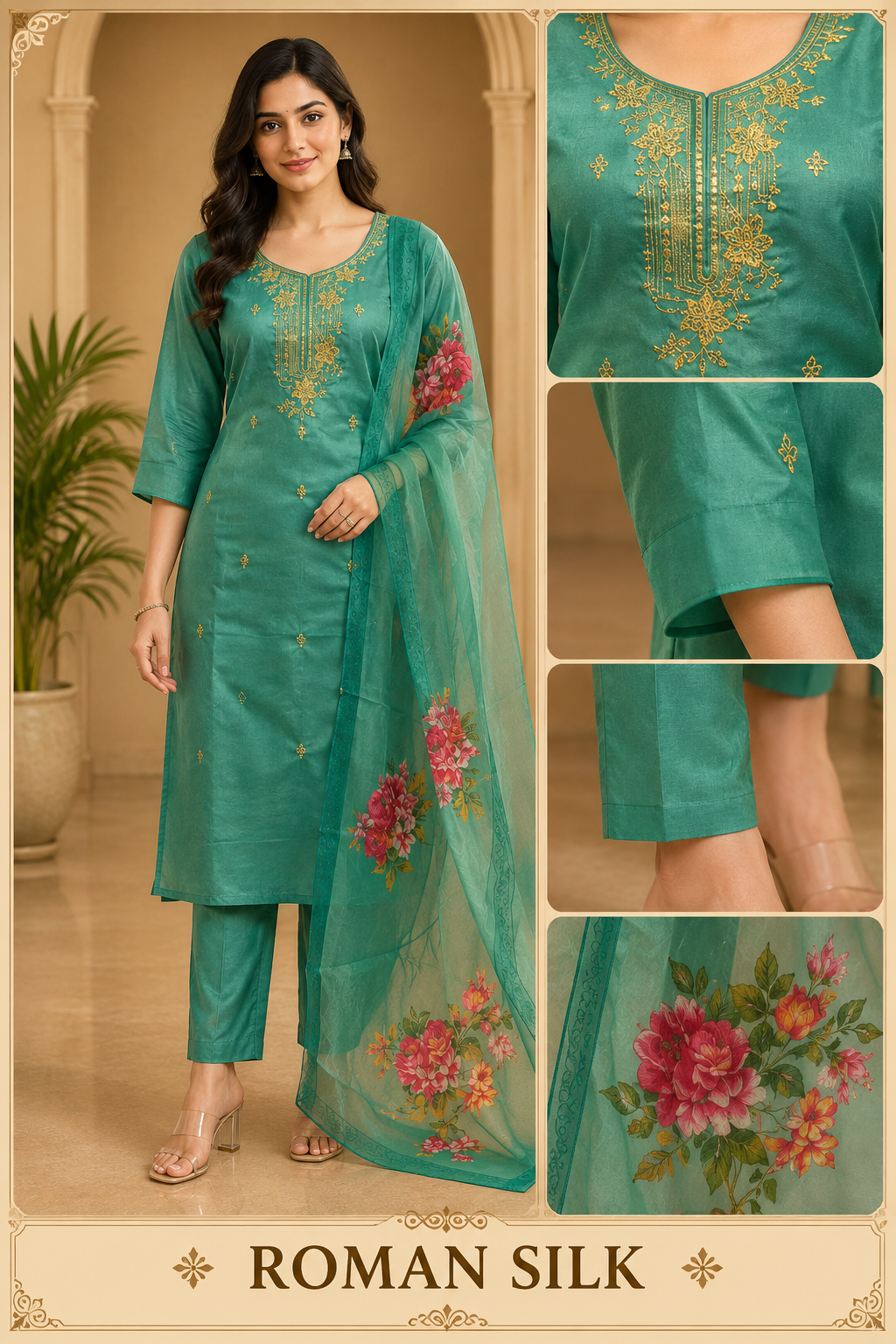 Teal Green ROMAN SILK 3-Piece Suit with ORGANZA DUPATTA