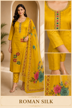 Mustard Yellow ROMAN SILK 3-Piece Suit with ORGANZA DUPATTA