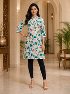 White Cotton Floral Print Single Long A-Line Kurti for Women