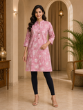 Pink Cotton Floral Print Long A-Line Kurti for Women