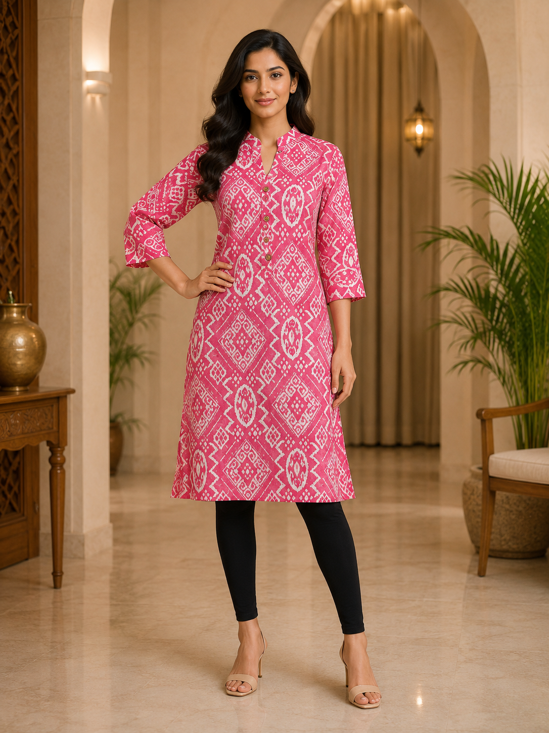 Pink Cotton Geometric Print Single Long A-Line Kurti for Women
