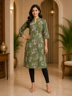 Olive Green Cotton Floral Print Single LONG A-line Kurti for Women