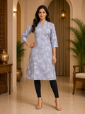 Slate Blue Cotton Floral Print Single Long A-Line Kurti for Women