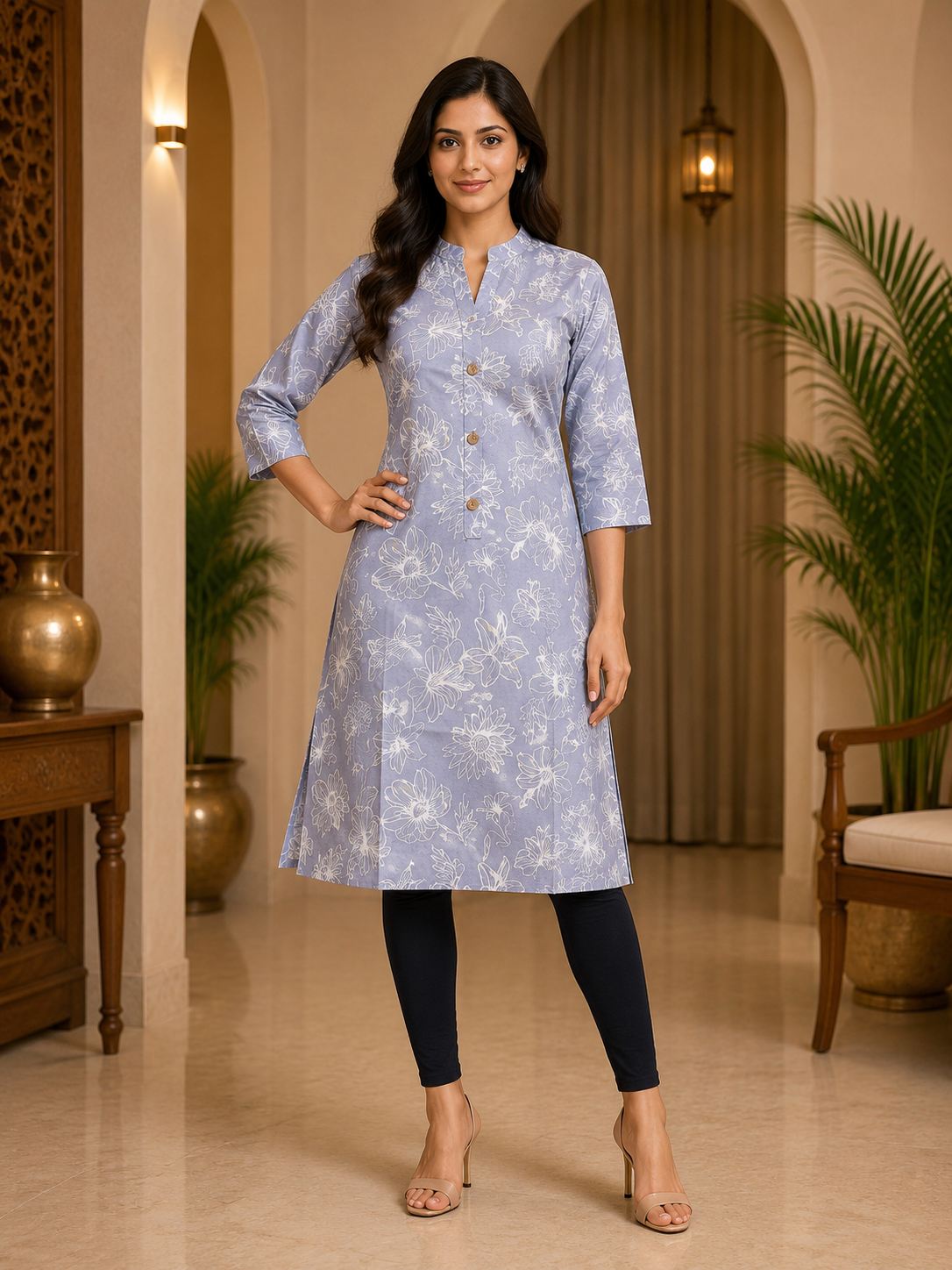 Slate Blue Cotton Floral Print Single Long A-Line Kurti for Women