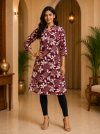 Maroon Cotton Floral Print Single LONG A-line Kurti For Women
