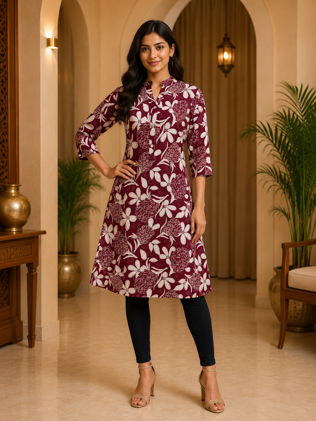 Maroon Cotton Floral Print Single LONG A-line Kurti For Women